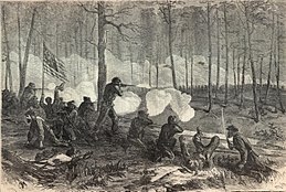 Sepia toned engraving shows Union soldiers behind an improvised barricade firing at figures in the woods.