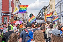 Das Foto zeigt den Demomarsch aus Sicht eines Teilnehmenden mit Mischen und wehenden Fahnen im Blickfeld