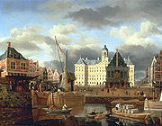 Dam gezien vanaf het Damrak, met het nieuwe stadhuis op de achtergrond; 17e eeuw.