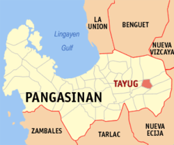 Map of Pangasinan with Tayug highlighted