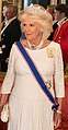 The Duchess of Cornwall (later Queen Camilla) wearing the Greville Tiara at a state banquet in 2019.
