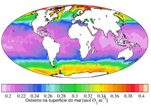 Annual mean dissolved oxygen levels at the sea surface from World Ocean Atlas 2009.
