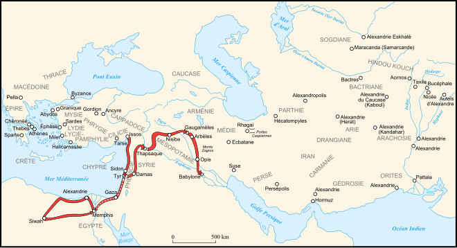 Carte de l'Itinéraire d'Alexandre au cours des années 332 et 331