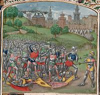 Убийство Хенгиста. Миниатюра из «Староанглийских хроник»[фр.] Жана де Ваврина[англ.]. 1475 г.