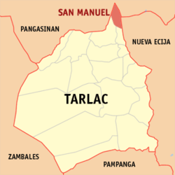 Mapa ng Tarlac na nagpapakita sa lokasyon ng San Manuel.