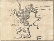 "A Plan of the Town and Citadel of Plymouth" by Benjamin Donn in 1765. It shows the design of the Royal Citadel as completed, including the outworks which are now lost.