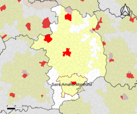 Localisation de l'aire d'attraction de Saint-Amand-Montrond dans le département du Cher.