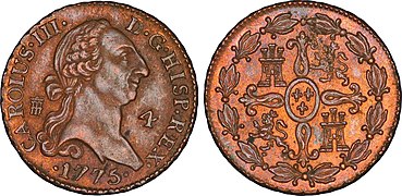 Moneda de 4 marevedíes de Carlos III, Segovia, 1775.