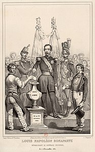 Louis-Napoléon Bonaparte rétablissant le suffrage universel, le 2 décembre 1851, estampe de propagande.