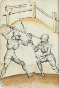 From MS XIX.17-3 showing a technique for armoured knights