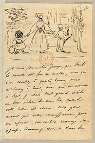 Lettre de Musset en date du 28 juillet 1833, illustrée d'un dessin représentant George Sand et ses enfants.