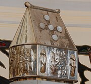 Tabernacle, St. Mel's Cathedral, Longford. The work invokes the early medieval format of a House-shaped shrine, with the upper portion directly referencing the 12th century Saint Manchan's Shrine.