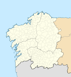 Mapa konturowa Galicji, blisko centrum po prawej na dole znajduje się punkt z opisem „A Teixeira”