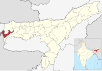 मानचित्र जिसमें धुबरी ज़िला ধুবুৰী জিলা Dhubri district हाइलाइटेड है