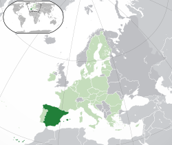 西班牙的位置（深绿色） – 欧洲（绿色及深灰色） – 欧洲联盟（绿色）  —  [图例放大]