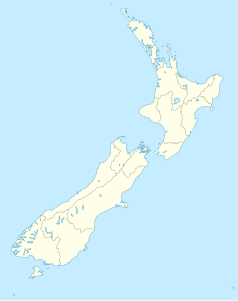 Mapa konturowa Nowej Zelandii, u góry nieco na prawo znajduje się punkt z opisem „Sky Tower”