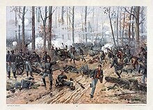 Union artillery firing through the woods; a messenger runs behind the line