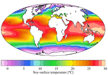 Medida anual da temperatura da superficie marítima do World Ocean Atlas 2009.