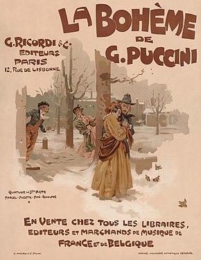 Advertisement for the music score of Giacomo Puccini's La bohème, showing the quartette in the third act between Marcello, Musetta, Mimi, and Roldolpho. (restored and nominated by Adam Cuerden)