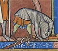 "Davud, alışılmamış zırhı reddediyor" (13. yüzyıl Morgan İncili'nde bulunan bir resmin sadece bir bölümü). Bu resim, zincir gömlek çıkarma yöntemini göstermektedir.