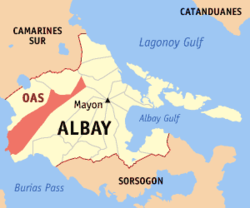 Mapa ng Albay na nagpapakita sa lokasyon ng Oas.