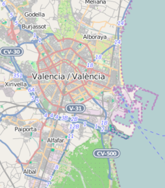Mapa konturowa Walencji, blisko centrum u góry znajduje się punkt z opisem „Muzeum Sztuk Pięknych w Walencji”