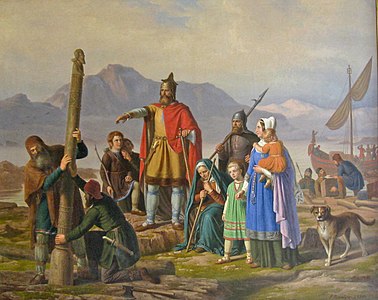 Ingólfur Arnarson, considerat el primer colon nòrdic d'Islàndia, mana erigir el seu pilar sagrat (öndvegissúlur)