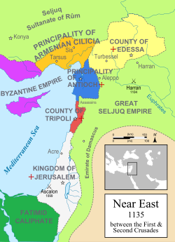 Kerajaan Antioch dikelilingi oleh negara-negara lain Timur Dekat pada tahun 1135.