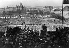 Photographie en noir et blanc d'Adolf Hitler, vu de dos, s'adressant à la foule rassemblée sur la Heldenplatz à Vienne le 14 mars 1938