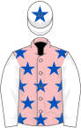 Pink, royal blue stars, white sleeves, white cap, royal blue star