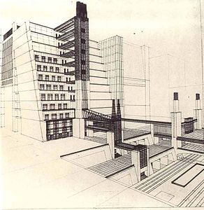 Futurisme – Trappehus med heiser fra fire gateplan, del av La Città Nuova, av Antonio Sant'Elia (1914), blekk og blyant på papir, Musei Civici, Como, Italia[78]