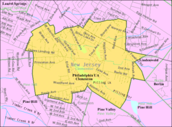 Census Bureau map showing location of Clementon within Camden County. Inset: Location of Camden County in New Jersey.