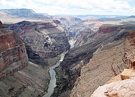 View southwest down Colorado River, with Lava Falls, and Lava Falls Rapids