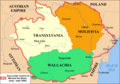 I år 1600 lykkedes det kortvarigt Michael den Tapre at forene de tre rumænsk-befolkede regioner: Valakiet, Transylvanien og Moldavien (orange).