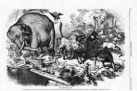 An 1874 cartoon by Thomas Nast, featuring the first notable appearance of the Republican elephant[178]