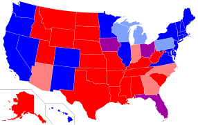 Mapa electoral de Estados Unidos que muestra los estados púrpura y son los que han cambiado de partido al menos dos veces en las últimas cuatro elecciones (de 1996 a 2008).