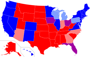 2008年から2020年までの大統領選挙における州ごとの投票傾向を赤（共和党）と青（民主党）の色比率で表示。