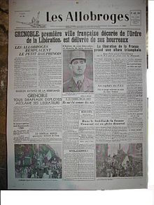 Une du quotidien Les Allobroges du 23 août 1944: Grenoble première ville française décorée de l'Ordre de la Libération, est délivrée de ses bourreaux.