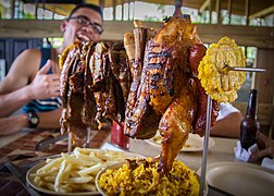 Rotisserie chicken, twice-fried plantain in Ciales, Puerto Rico