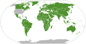На картинке изображена карта мира, на которой зелёным цветом выделены государства, являющиеся участниками конвенции по состоянию на 2021 год