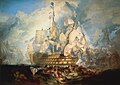 « The Battle of Trafalgar, 21 October 1805 » par Joseph Mallord William Turner : le HMS Victory, navire amiral de Horatio Nelson. Le Union Flag tombé au premier plan fait allusion à la mort de Nelson[65].
