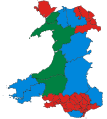 Wyniki wyborów parlamentarnych w 2017 roku w Walii (przed brexitem), kolorem czerwonym zaznaczono jednomandatowe okręgi wyborcze, w których zwyciężyła Partia Pracy, niebieskim – Partia Konserwatywna, a zielonym – Plaid Cymru