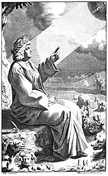 Lucrèce pointant le casus, mouvement descendant des atomes (frontispice d'une édition du XVIIe siècle de De rerum natura). (définition réelle 1 965 × 3 204)