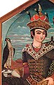 Portrait of Kay Khusraw, by Mihr 'Ali, Qajar Iran, Isfahan 1803-4, cropped to show hawk. Hawk has on hawk bells, not a zanjir string, but 2 single bells.