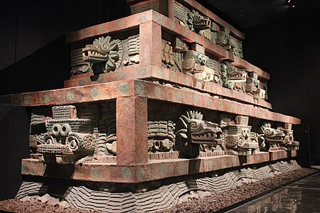 Aztec facade of the Temple of the Feathered Serpent (detail reconstruction), Teotihuacan, Mexico, c.225[22]