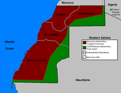 西サハラの勢力図 モロッコ（赤） サハラ・アラブ民主共和国（緑）