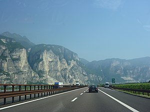 Autostrada A22 runs through Po Valley and Alps linking Modena to Brenner Pass, a mountain pass which forms the border between Italy and Austria
