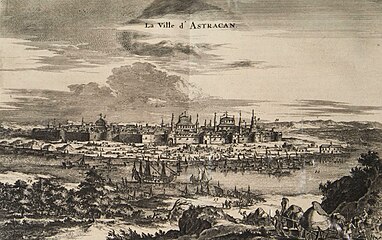«Вид города Астрахани»[39]. Изображение корабля «Орёл» на гравюре из книги о путешествиях Яна Стрюйса. Амстердам, 1681 год
