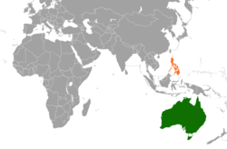 Map indicating locations of Australia and Philippines