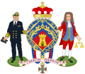 Arms of Margaret Thatcher, with Isaac Newton and a Royal Navy Admiral as supporters.